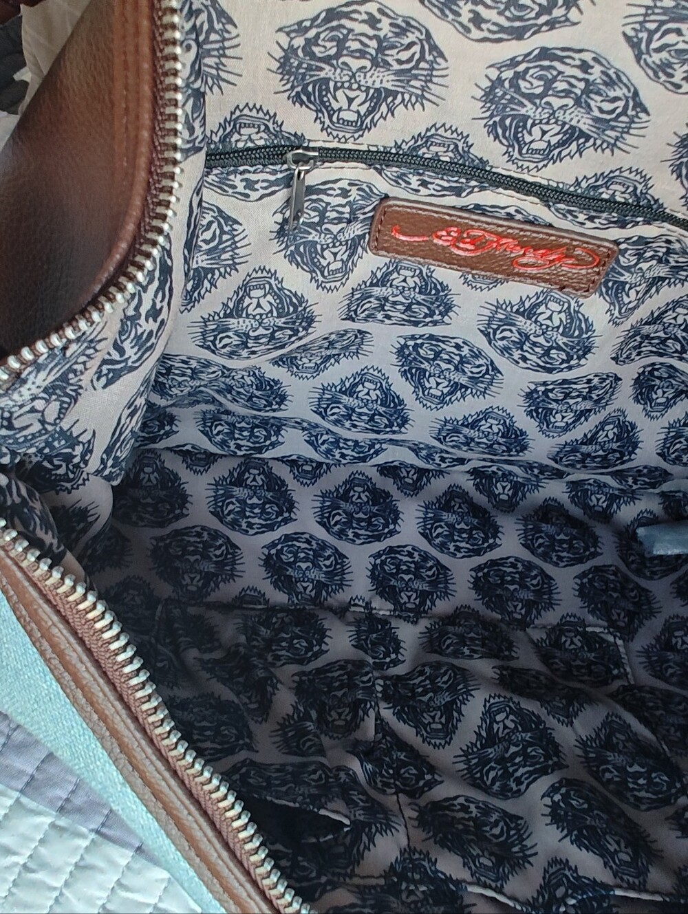 Ed Hardy Vintage Brown Graphic Shoulder Bag Rhinestones Floral & Tiger Motif - Picture 5 of 11
